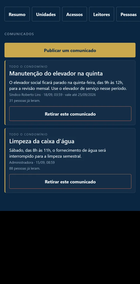 Tela Comunicados do síndico, com quantas pessoas já leram cada aviso
