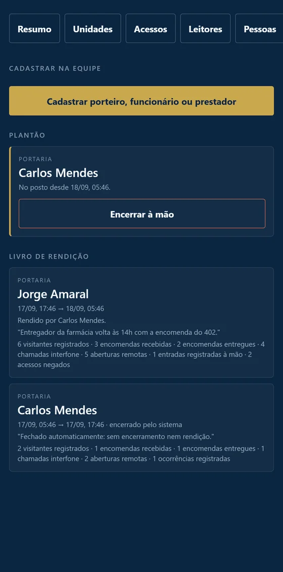 Tela Equipe do aplicativo do síndico: cadastro, plantão em curso e livro de rendição