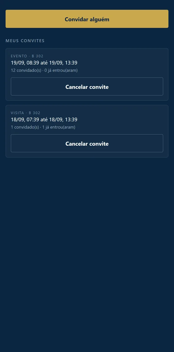 Tela Convidados do aplicativo, com convites de festa e de visita