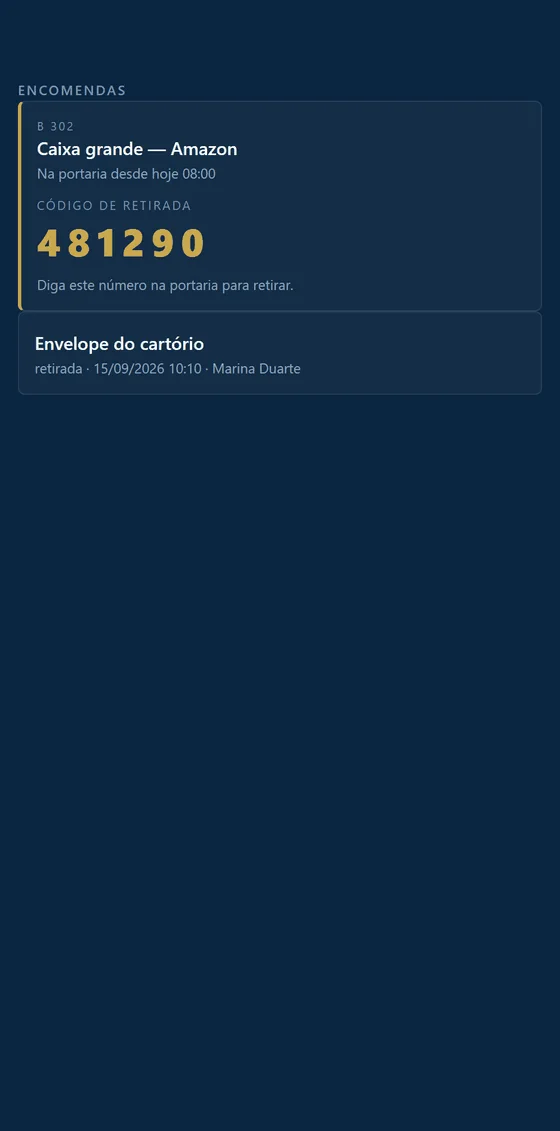 Tela Encomendas do aplicativo com o código de retirada em dourado