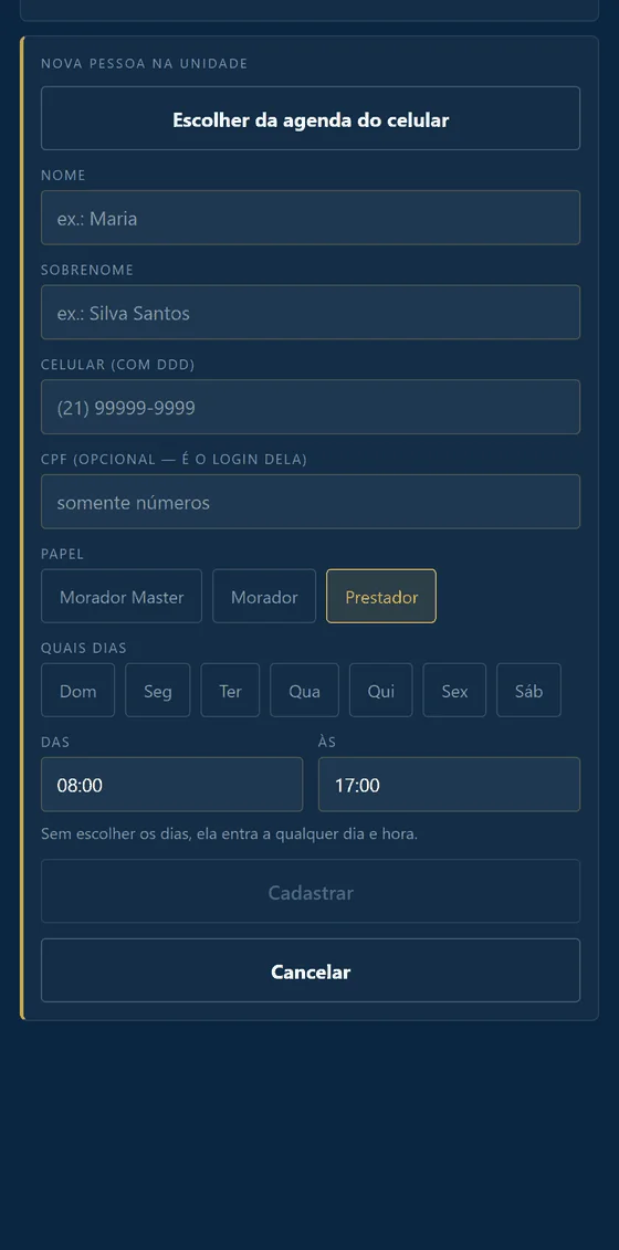 Tela do aplicativo: cadastrar prestador com os dias da semana e o horário